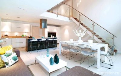 Design av et kjøkken-spisestue-stue: 25 bilder i et privat hus