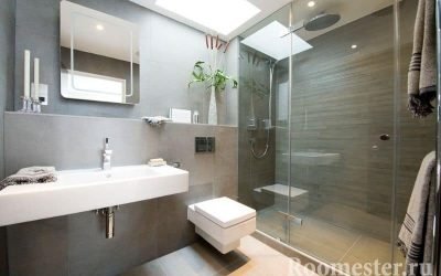 Интериор на модерна баня, комбинирана с тоалетна +20 снимки
