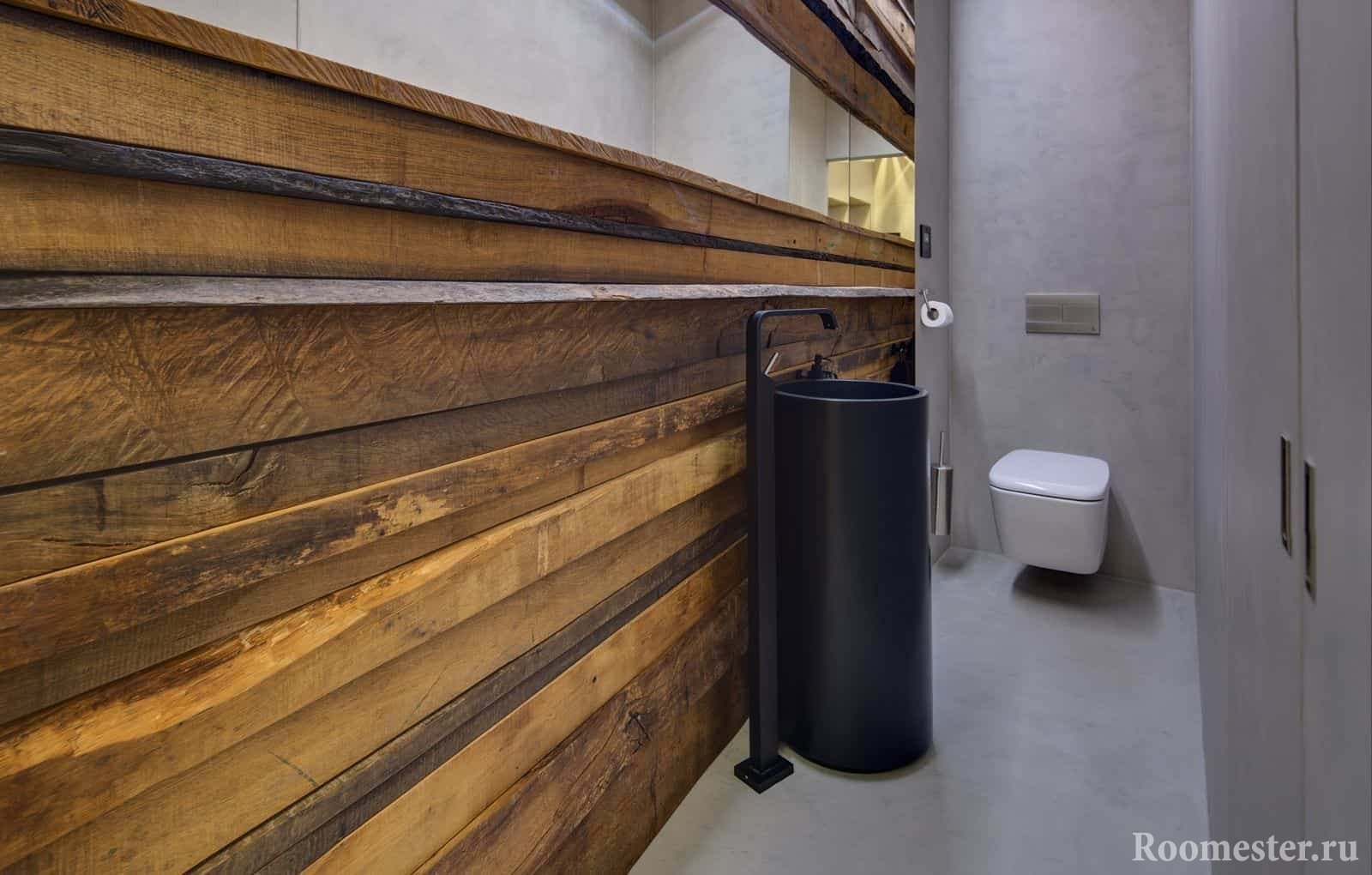 Modernes Design einer kleinen Toilette im Öko-Stil mit einem ungewöhnlichen Waschbecken