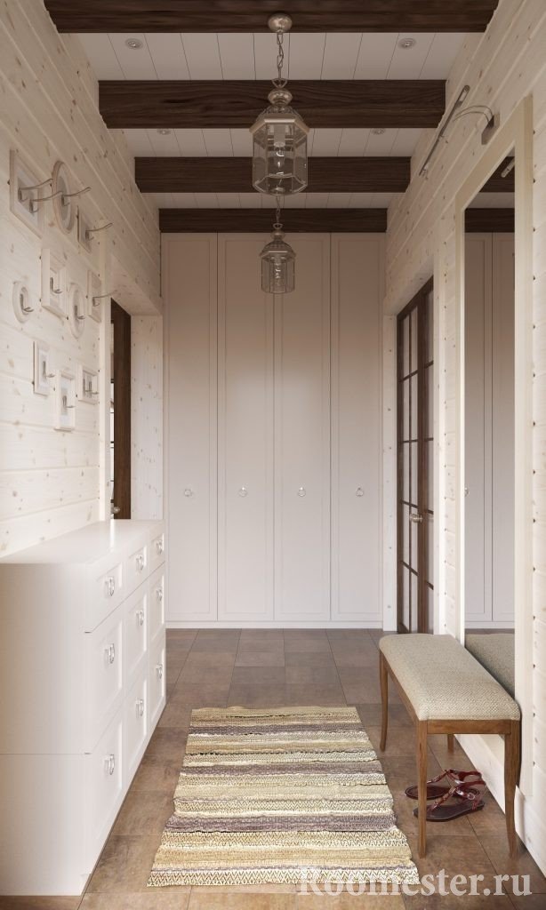 White hallway in a wooden house