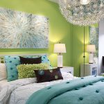 The interior of the bedroom in a combination of mint colors with shades of blue