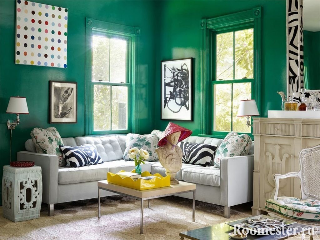 Ornament, vzory, geometrické tvary kombinované s mátovou barvou v interiéru