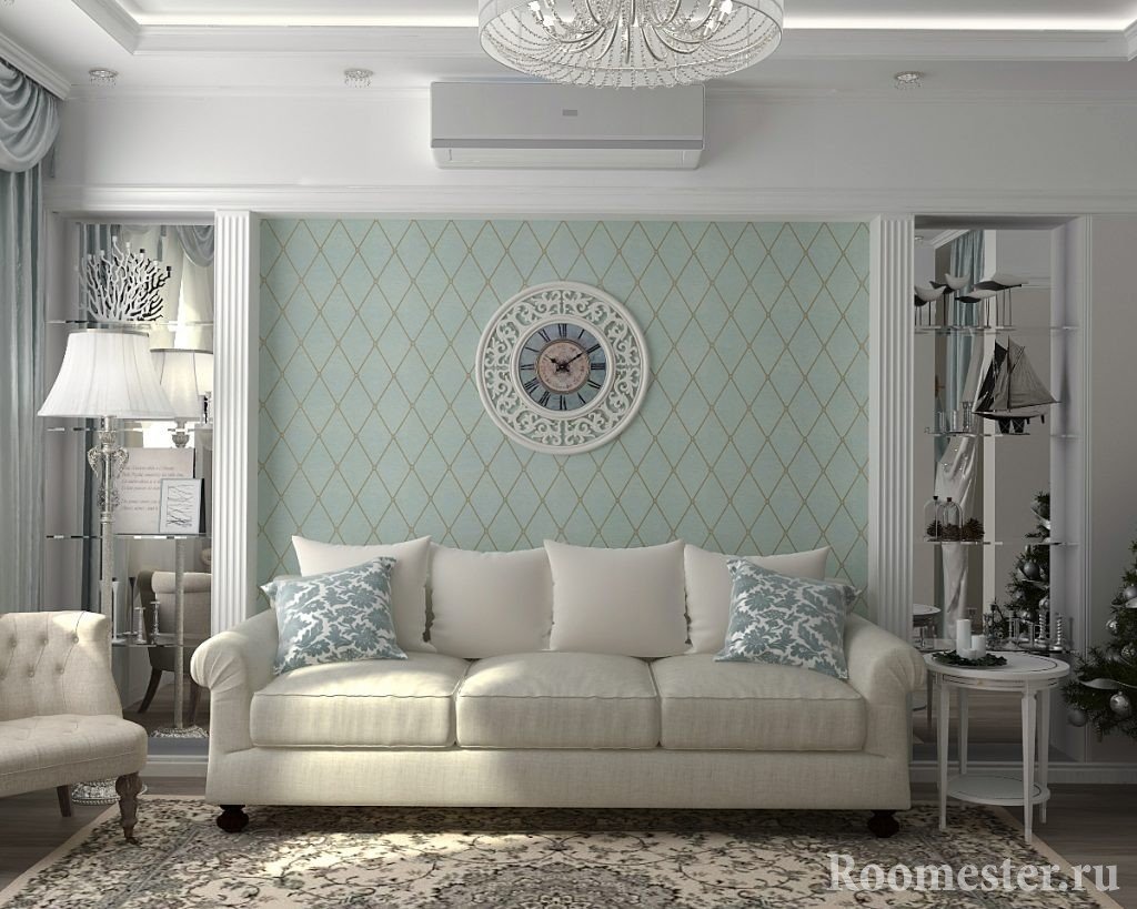 Interiér obývacího pokoje s pastelovými odstíny