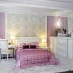 Valkoinen ja violetti makuuhuoneen sisustus