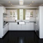 Μαύρο πάτωμα και λευκά έπιπλα στην κουζίνα