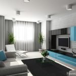 Interiér modré a šedé obývacího pokoje