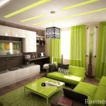 Rideaux et meubles vert clair dans le salon