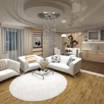 Balti baldai ir kilimas gyvenamajame kambaryje