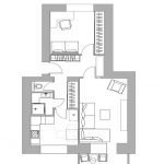 O projeto de um apartamento de dois quartos de 50 m2.