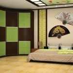 Intérieur de chambre à coucher avec armoire en carré marron et vert