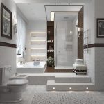 Lépcsők és polcok háttérvilágítással a fürdőszobában