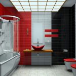 Interiør på badet i røde, svarte og grå farger.