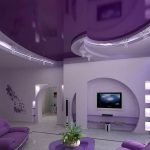 Lilac living room interior with multi-level ceiling