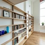 Long wooden book shelves