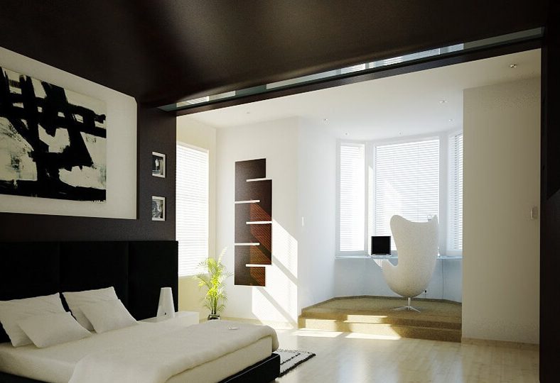 Hyggeligt soveværelse med sort loft og vægge.