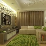 Béžové stěny a zelené textilie v obývacím pokoji