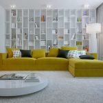 Mustard pillows and upholstery on the sofa