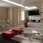 Røde ottomaner og hvit sofa i stuen