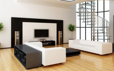 Designet og interiøret i stuen i stil med minimalisme