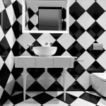 Hình vuông màu đen và trắng trên sàn nhà và tường