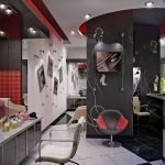 Red accents in black and white interior