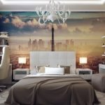 Dormitorio de diseño con papel pintado paisajístico