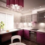 Ontwerp van een kleine paarse keuken met een raam