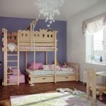 Vaikų kambarys su medine dviaukštė lova