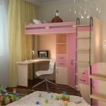 Rožinė dviaukštė lova su darbo zona