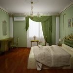 Dormitorio en colores verde, beige y burdeos.