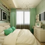 Nội thất phòng ngủ thanh lịch với màu xanh lá cây và trắng.