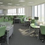 Office interior in light green and white colors.