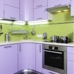 Diseño de una pequeña cocina verde-violeta.