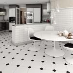 Kitchen with white tiled floors