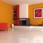 Combinația de portocaliu, roșu și alb în designul camerei de zi