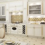 Wall decoration in the kitchen with gold wallpaper