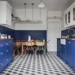 A combinação de vermelho, branco e azul na cozinha
