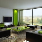 Marrón y verde en el diseño interior de la sala de estar.