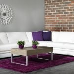 Violetinės pagalvės ant baltos sofos