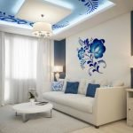 The decor of the walls and ceiling in the living room gzhel ornament