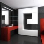 Banyo tasarımında kırmızı, siyah ve beyaz kombinasyonu