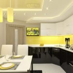 Μαύρη και λευκή κουζίνα με κίτρινες προεκτάσεις