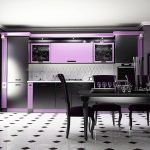 Mustavalkoinen keittiö, jossa violetti korostus