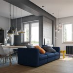 Mėlyna sofa studijos tipo bute